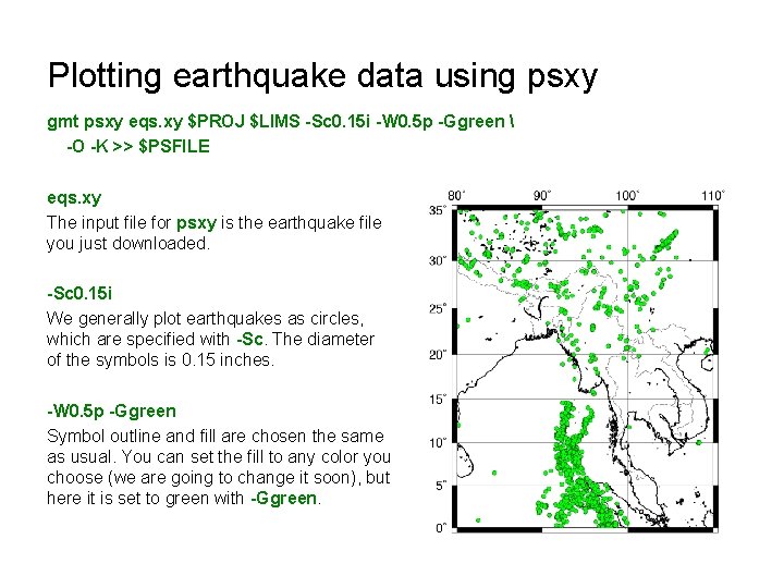 Plotting earthquake data using psxy gmt psxy eqs. xy $PROJ $LIMS -Sc 0. 15