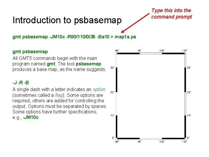 Introduction to psbasemap gmt psbasemap -JM 10 c -R 80/110/0/35 -Ba 10 > map