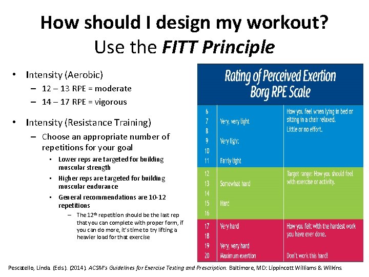 How should I design my workout? Use the FITT Principle • Intensity (Aerobic) –