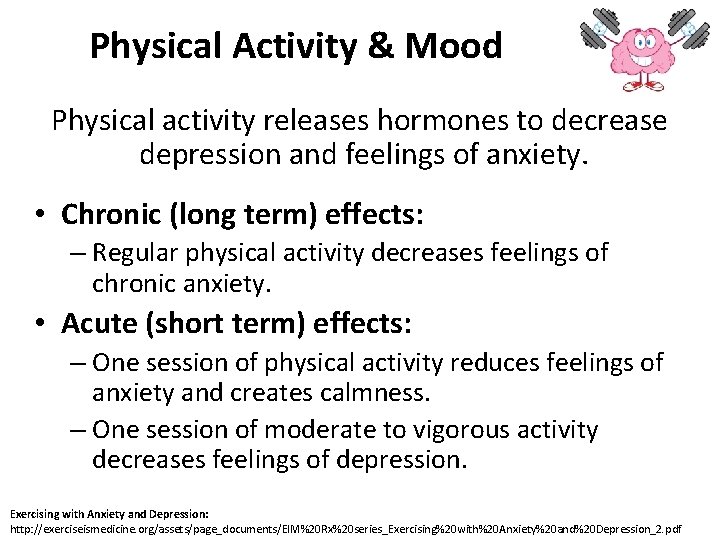 Physical Activity & Mood Physical activity releases hormones to decrease depression and feelings of