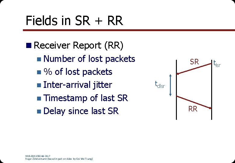 Fields in SR + RR n Receiver Report (RR) n Number of lost packets Fields in SR + RR n Receiver Report (RR) n Number of lost packets