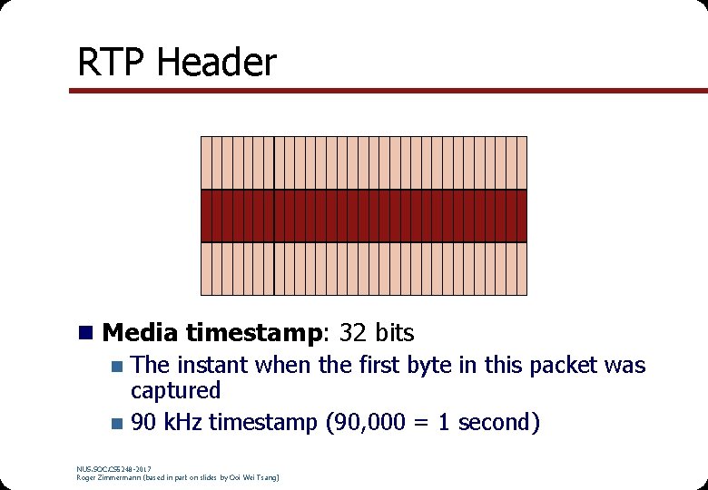 RTP Header n Media timestamp: 32 bits n The instant when the first byte RTP Header n Media timestamp: 32 bits n The instant when the first byte