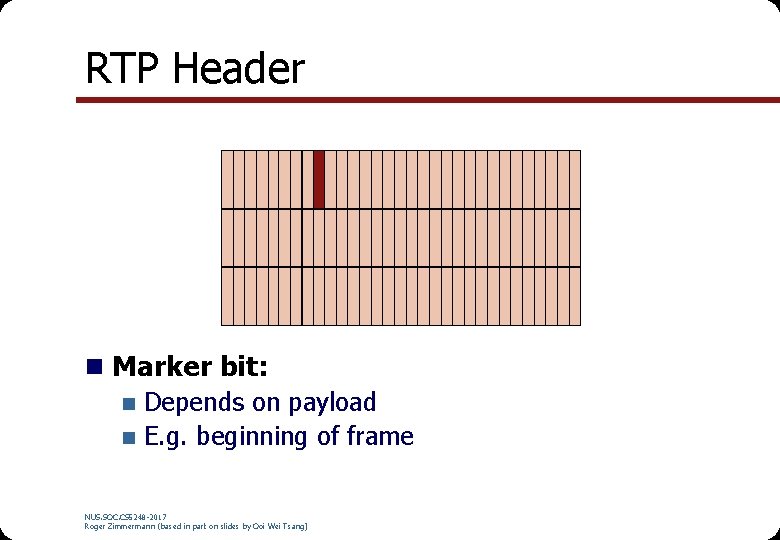 RTP Header n Marker bit: n Depends on payload n E. g. beginning of RTP Header n Marker bit: n Depends on payload n E. g. beginning of