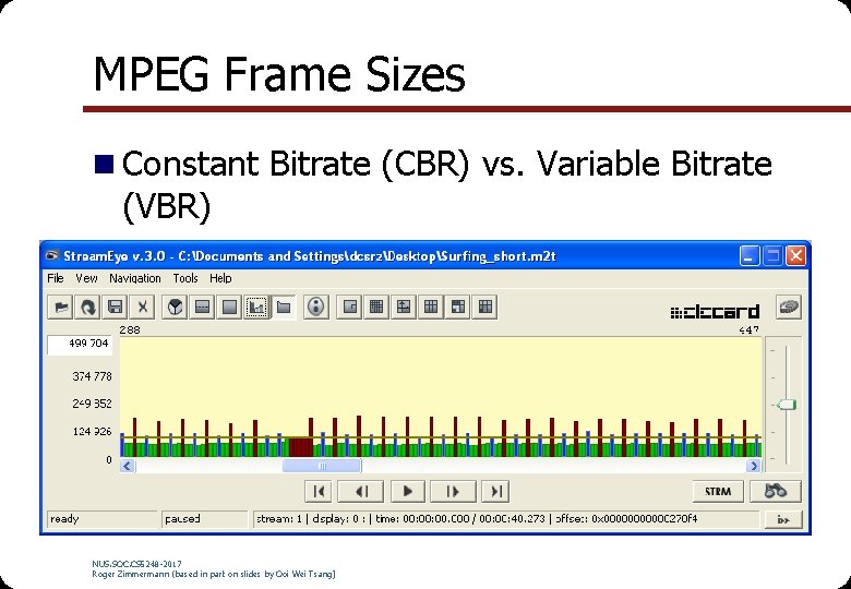 MPEG Frame Sizes n Constant Bitrate (CBR) vs. Variable Bitrate (VBR) NUS. SOC. CS MPEG Frame Sizes n Constant Bitrate (CBR) vs. Variable Bitrate (VBR) NUS. SOC. CS