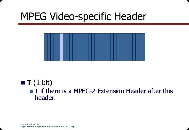 MPEG Video-specific Header n T (1 bit) n 1 if there is a MPEG-2 MPEG Video-specific Header n T (1 bit) n 1 if there is a MPEG-2