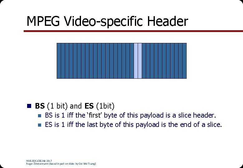 MPEG Video-specific Header n BS (1 bit) and ES (1 bit) n BS is MPEG Video-specific Header n BS (1 bit) and ES (1 bit) n BS is