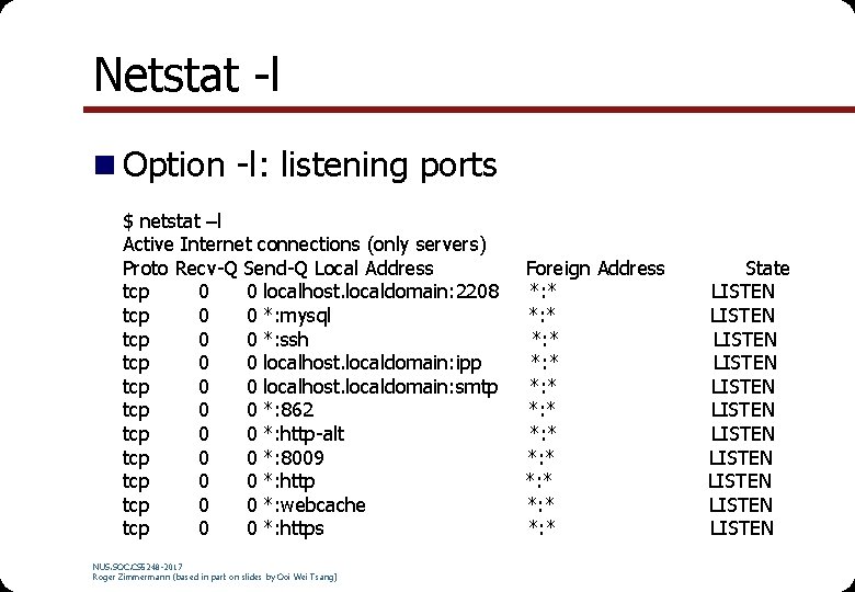 Netstat -l n Option -l: listening ports $ netstat –l Active Internet connections (only Netstat -l n Option -l: listening ports $ netstat –l Active Internet connections (only