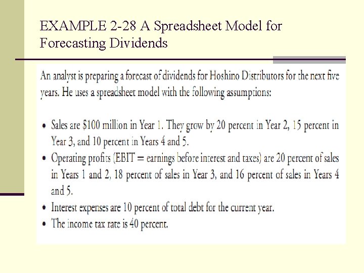 EXAMPLE 2 -28 A Spreadsheet Model for Forecasting Dividends 