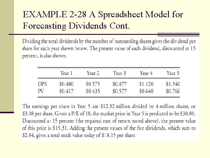 EXAMPLE 2 -28 A Spreadsheet Model for Forecasting Dividends Cont. 