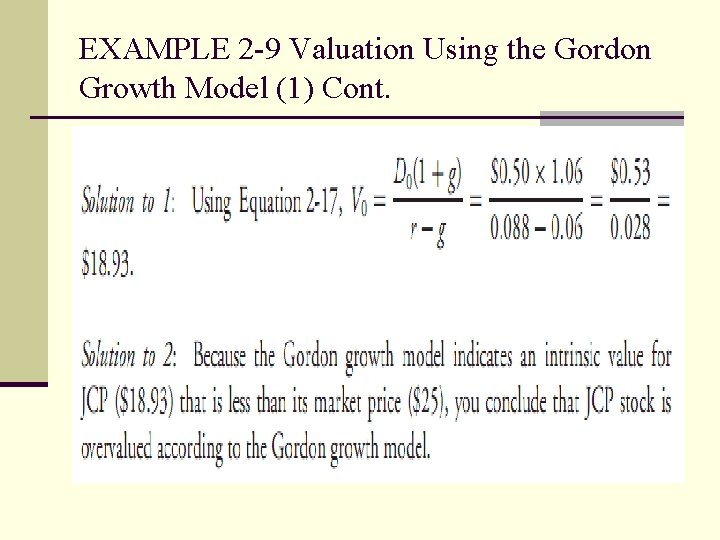 EXAMPLE 2 -9 Valuation Using the Gordon Growth Model (1) Cont. 