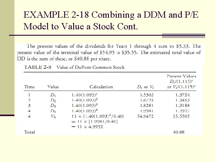 EXAMPLE 2 -18 Combining a DDM and P/E Model to Value a Stock Cont.