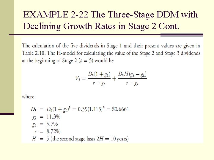 EXAMPLE 2 -22 The Three-Stage DDM with Declining Growth Rates in Stage 2 Cont.