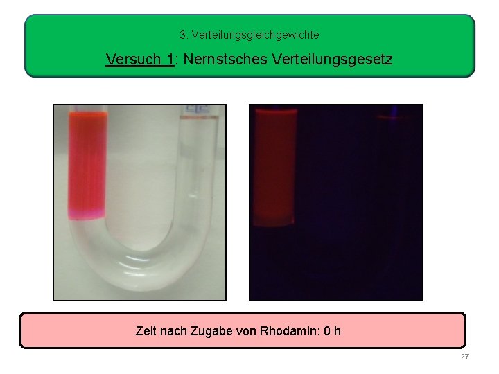 3. Verteilungsgleichgewichte Versuch 1: Nernstsches Verteilungsgesetz Zeit nach Zugabe von Rhodamin: 0 h 27