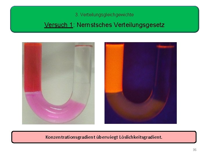 3. Verteilungsgleichgewichte Versuch 1: Nernstsches Verteilungsgesetz Konzentrationsgradient überwiegt Löslichkeitsgradient. 35 