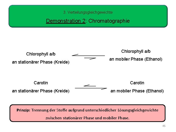 3. Verteilungsgleichgewichte Demonstration 2: Chromatographie Chlorophyll a/b an stationärer Phase (Kreide) Chlorophyll a/b an