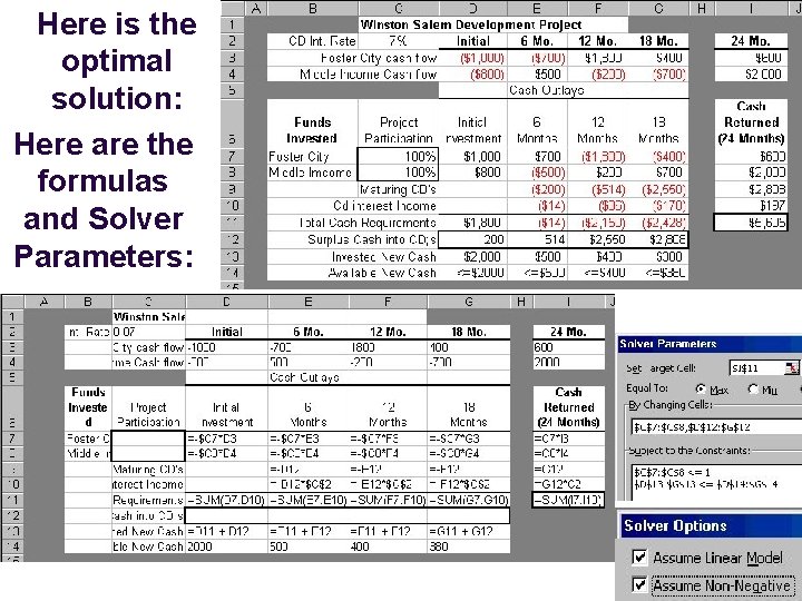 Here is the optimal solution: Here are the formulas and Solver Parameters: 46 