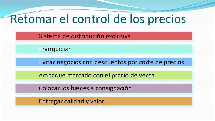 Retomar el control de los precios Sistema de distribución exclusiva Franquiciar Evitar negocios con Retomar el control de los precios Sistema de distribución exclusiva Franquiciar Evitar negocios con