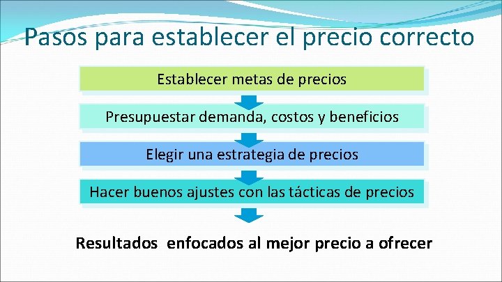 Pasos para establecer el precio correcto Establecer metas de precios Presupuestar demanda, costos y Pasos para establecer el precio correcto Establecer metas de precios Presupuestar demanda, costos y