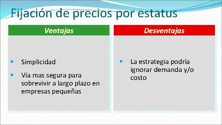 Fijación de precios por estatus Ventajas § Simplicidad § Vía mas segura para sobrevivir Fijación de precios por estatus Ventajas § Simplicidad § Vía mas segura para sobrevivir