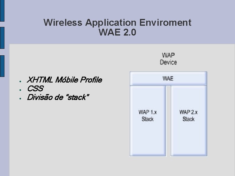 Wireless Application Enviroment WAE 2. 0 ● ● ● XHTML Móbile Profile CSS Divisão