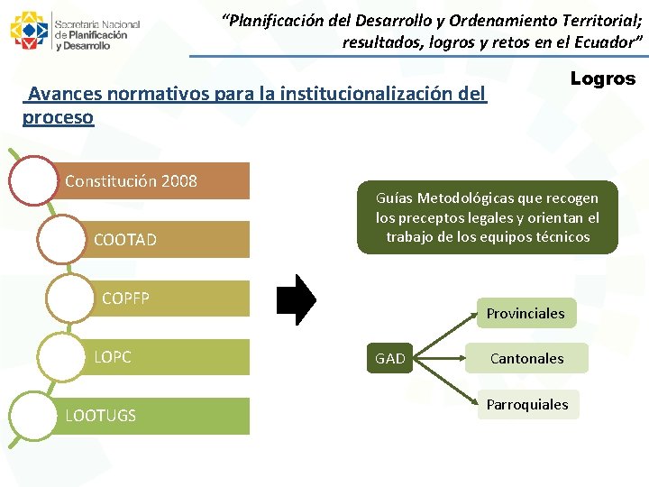 “Planificación del Desarrollo y Ordenamiento Territorial; resultados, logros y retos en el Ecuador” Logros