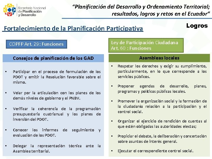 “Planificación del Desarrollo y Ordenamiento Territorial; resultados, logros y retos en el Ecuador” Fortalecimiento