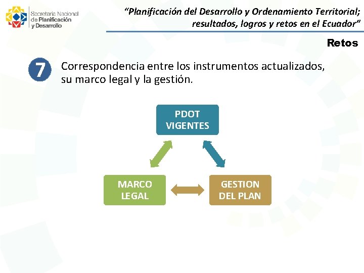 “Planificación del Desarrollo y Ordenamiento Territorial; resultados, logros y retos en el Ecuador” Retos