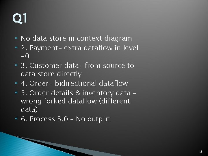 Q 1 No data store in context diagram 2. Payment- extra dataflow in level