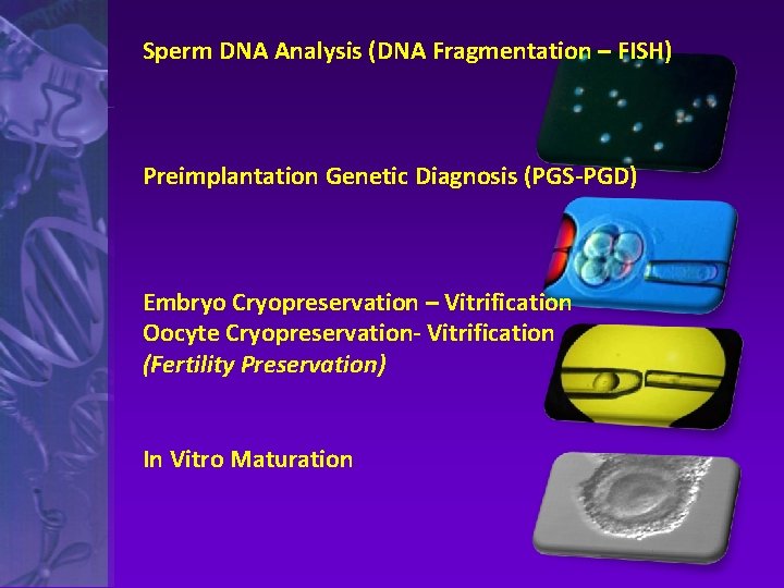 Sperm DNA Analysis (DNA Fragmentation – FISH) Preimplantation Genetic Diagnosis (PGS-PGD) Embryo Cryopreservation –