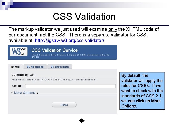 CSS Validation The markup validator we just used will examine only the XHTML code