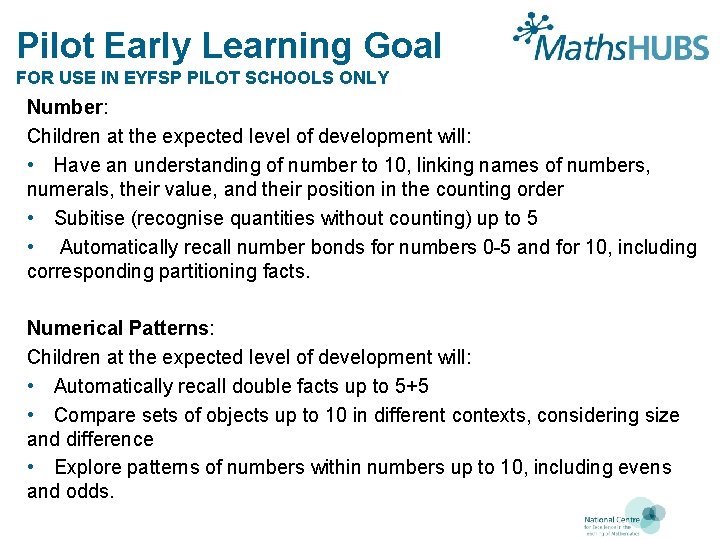 Pilot Early Learning Goal FOR USE IN EYFSP PILOT SCHOOLS ONLY Number: Children at
