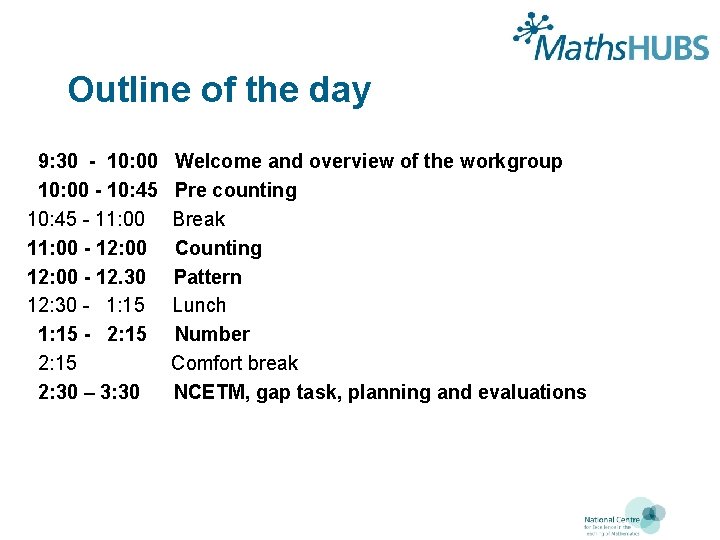 Outline of the day 9: 30 - 10: 00 Welcome and overview of the