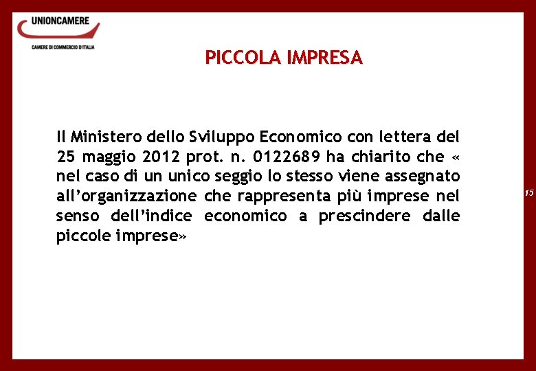 PICCOLA IMPRESA Il Ministero dello Sviluppo Economico con lettera del 25 maggio 2012 prot.