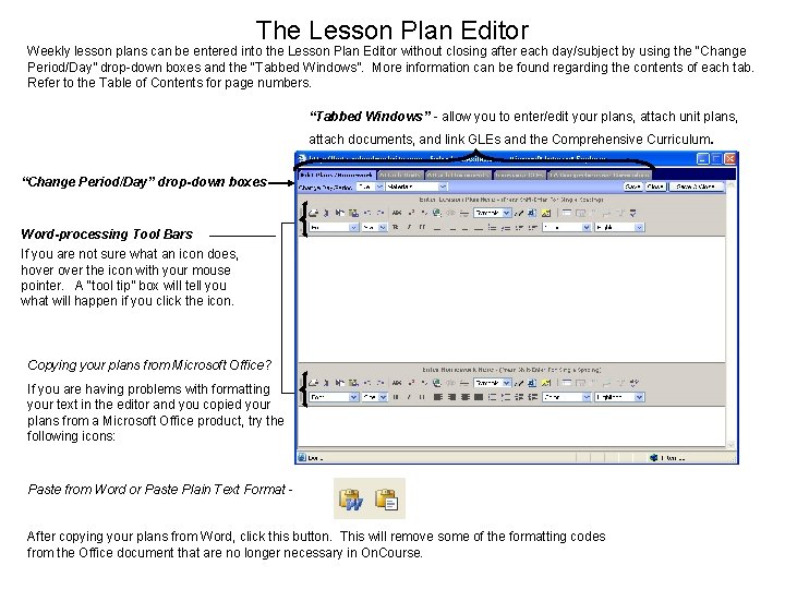 The Lesson Plan Editor Weekly lesson plans can be entered into the Lesson Plan