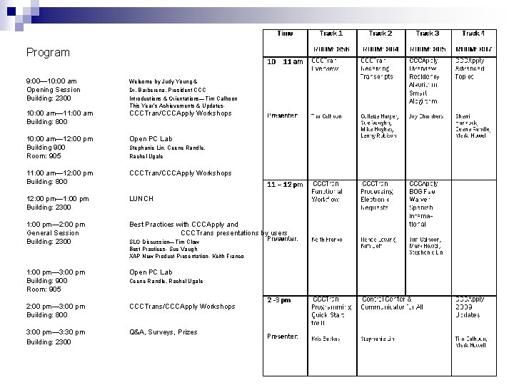  Program 9: 00— 10: 00 am Opening Session Building: 2300 10: 00 am—