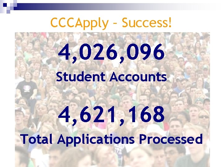 CCCApply – Success! 4, 026, 096 Student Accounts 4, 621, 168 Total Applications Processed