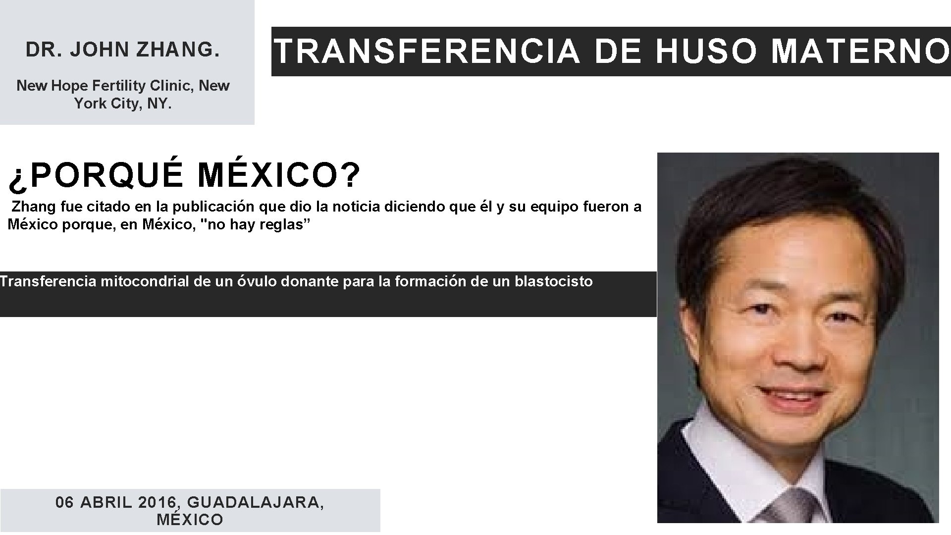 DR. JOHN ZHANG. TRANSFERENCIA DE HUSO MATERNO New Hope Fertility Clinic, New York City,