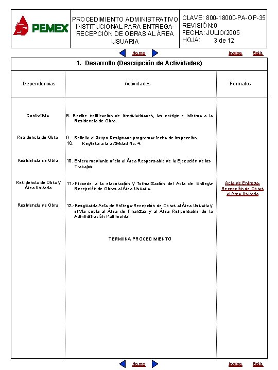 PROCEDIMIENTO ADMINISTRATIVO INSTITUCIONAL PARA ENTREGARECEPCIÓN DE OBRAS AL ÁREA USUARIA CLAVE: 800 -18000 -PA-OP-35