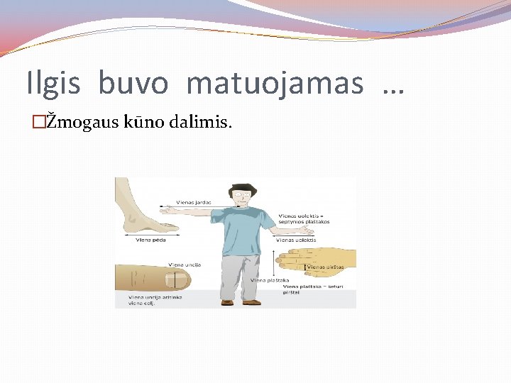 Ilgis buvo matuojamas … �Žmogaus kūno dalimis. 