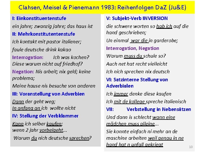 Clahsen, Meisel & Pienemann 1983: Reihenfolgen Da. Z (Ju&E) I: Einkonstituentenstufe ein jahre; zwanzig