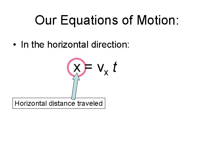 Our Equations of Motion: • In the horizontal direction: x = vx t Horizontal
