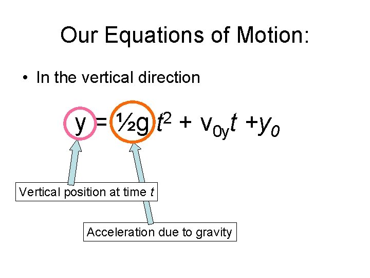 Our Equations of Motion: • In the vertical direction y = ½g 2 t