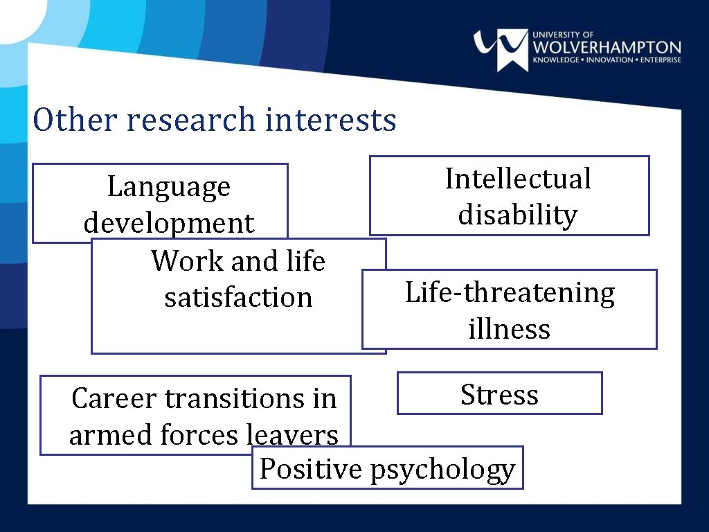 Other research interests Language development Work and life satisfaction Intellectual disability Life-threatening illness Stress Other research interests Language development Work and life satisfaction Intellectual disability Life-threatening illness Stress
