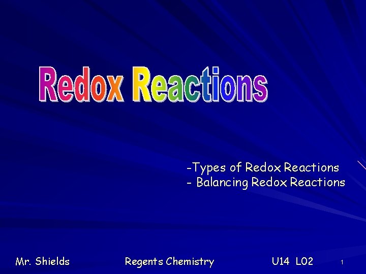 -Types of Redox Reactions - Balancing Redox Reactions Mr. Shields Regents Chemistry U 14