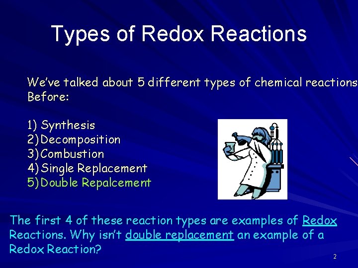 Types of Redox Reactions We’ve talked about 5 different types of chemical reactions Before: