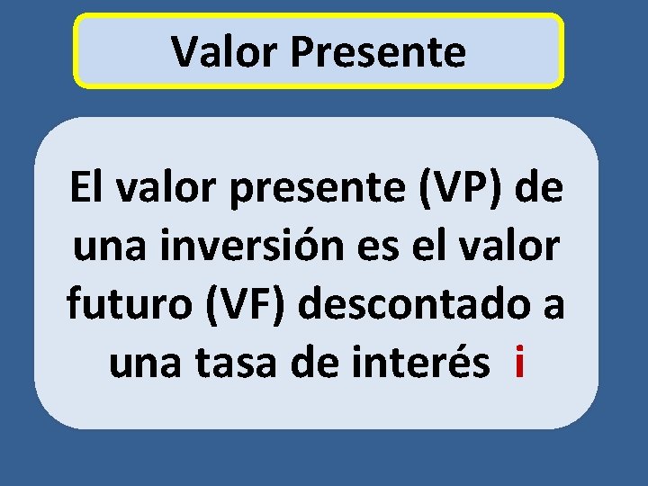 Valor Presente El valor presente (VP) de una inversión es el valor futuro (VF)