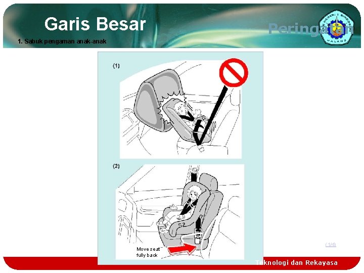 Garis Besar Peringatan 1. Sabuk pengaman anak-anak Move seat fully back (1/4) Teknologi dan