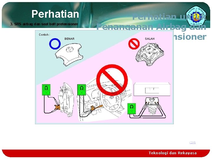 Perhatian 3. SRS airbag dan seat belt pretensioner Contoh : BENAR Perhatian untuk Penanganan
