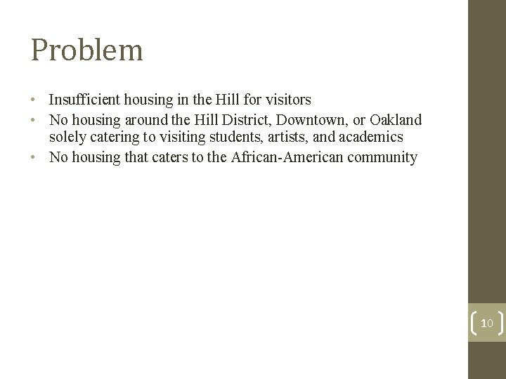 Problem • Insufficient housing in the Hill for visitors • No housing around the