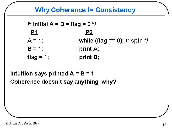 Why Coherence != Consistency /* initial A = B = flag = 0 */